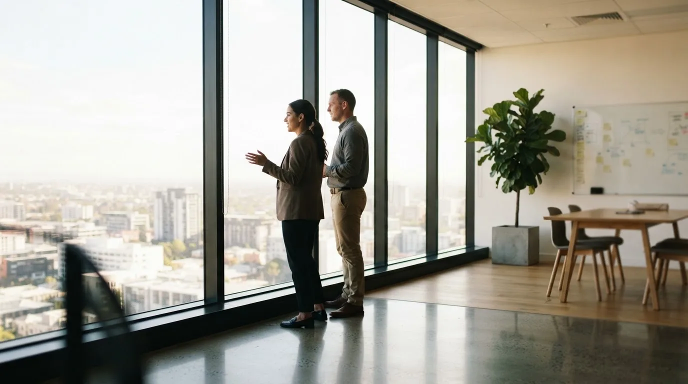 Twee collega's overleggen staand bij een raam in een modern kantoor tijdens een zonnige ochtend.